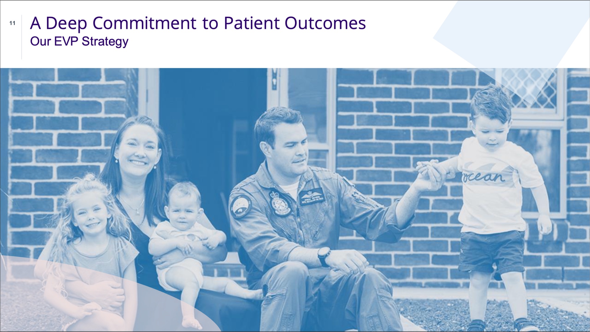 A uniformed Defence member sitting on a doorstep with their family, under the heading A Deep Commitment to Patient Outcomes.